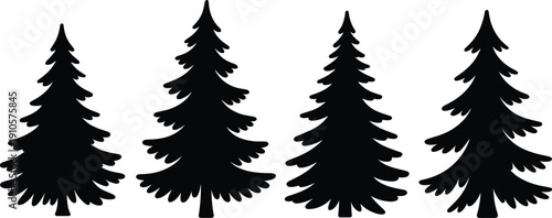 Set of black pine and fir tree silhouette vector illustrations isolated on white background for forest design, winter themes, Christmas graphics, nature branding, and creative projects