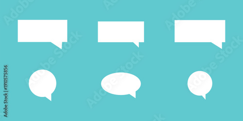 White massage box icon set on blue background. Comment shape text icon set on blue background. Talk speech icon set on blue background. EPS 10. 