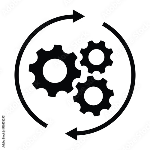 Black and white icon of interlocking gears enclosed in a circular arrow, symbolizing automation, workflow, engineering, and continuous process. Ideal for UI, infographics, and system design.