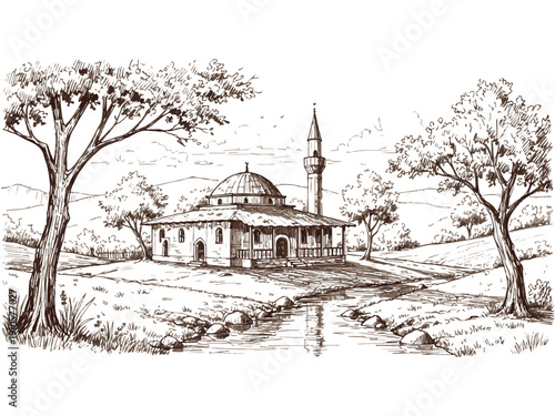 Peaceful Islamic Mosque City Skyline Illustration with Birds and Crescent Moon in Balanced Monochrome Vector Composition