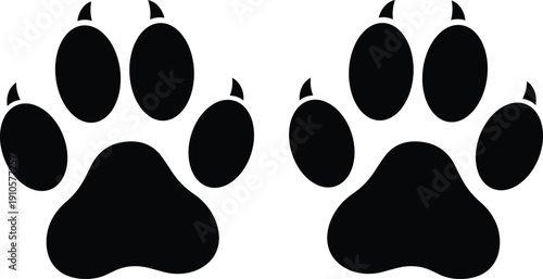 Silhouette illustration of two identical animal paw prints side by side, minimal black design for pet, wildlife, and tracking themed artwork
