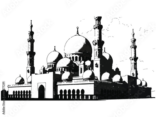 Elegant Black Ink Stipple Shading Mosque Illustration with Fine Dot Work Texture in Artistic Monochrome Vector Style