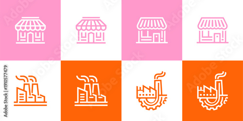 Icon Set Vector of 4 Storefront and Industrial Manufacturing Buildings