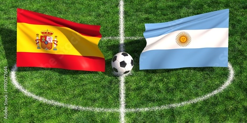 Cuadro en lienzo Spain vs Argentina soccer match national flags and football on grass field 3d