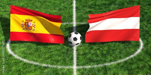 Spain vs Austria soccer match national flags and football on grass field 3d