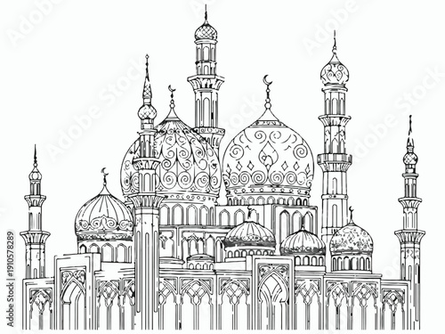 Islamic Calligraphy Integrated Mosque Outline Illustration with Harmonious Sacred Architecture in Monochrome Vector Style