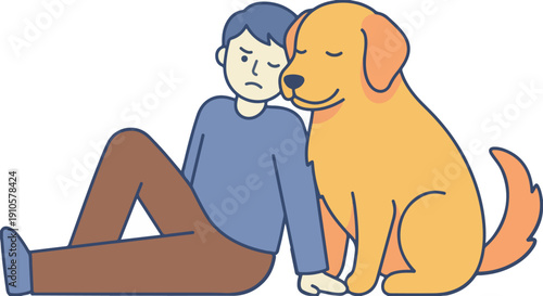 Sad man sitting with comforting golden retriever dog, pet therapy vector illustration isolated on white