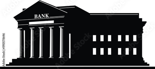 Illustration of a bank building with columns and a sign in black and white