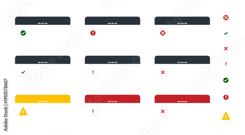 Set of infographic approval and rejection icons with check marks and crosses isolated on transparent background