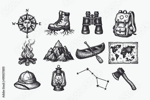 Vintage Hand Drawn Camping and Adventure Icons Set, Engraving Style Outdoor Equipment Collection