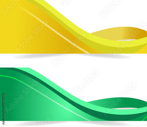 イエローとグリーンの爽やかなグラデーションが流れるナチュラルウェーブ横長バナーデザイン素材｜環境・エコ・ビジネス・広告制作に活用できる抽象モダン背景テンプレートセット