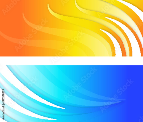 暖色オレンジからイエローへ広がるエネルギッシュな曲線ラインと寒色ブルーグラデーションが流れる抽象ウェーブ横長バナーデザイン素材｜ビジネス広告・Web制作・プレゼン資料に使えるモダン背景セット