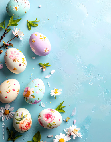 Wallpaper Mural Floral Easter eggs & blossom on a light blue background, springtime Torontodigital.ca