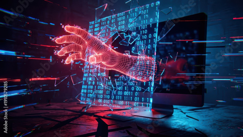 Digital hand reaching through broken data screen in dark room conveying cyber intrusion and urgent tension