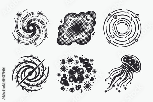 Vintage Cosmic Doodle Collection with Abstract Space, Galaxy, and Star Symbols