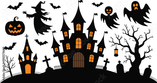 Spooky Halloween haunted house silhouette with glowing windows, ghosts, bats, witch and graveyard illustration vector background dark night creepy castle