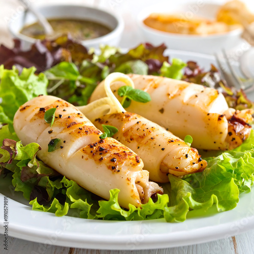 Wallpaper Mural Grilled calamari tubes with lettuce, served on a white plate. A dipping sauce is visible in the background Torontodigital.ca