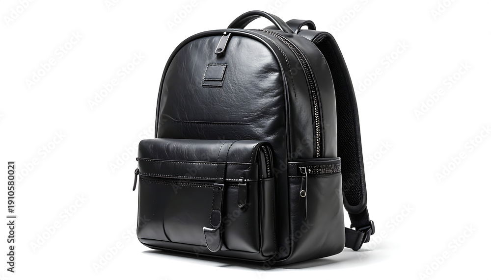 Fototapeta premium Black leather backpack with pockets, straps and zippers against a white background