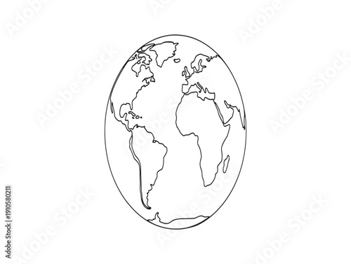 A black and white line drawing of the globe showing the americas and africa