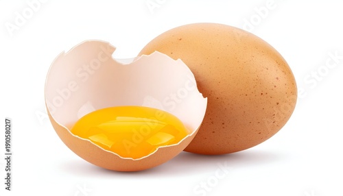Two eggs, one cracked open with yolk visible on white background.