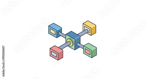 Isometric Blockchain Network Structure with Connected Blocks, Representing Data Distribution and Technology, Isolated White Background