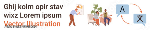 Education, language learning, translation, communication, teamwork, multilingual culture. People studying languages with conversation bubbles and translation symbols. Language learning