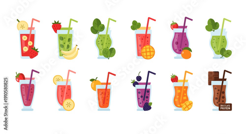 Refreshing Fruit Smoothies and Healthy Drinks Collection on Isolated White Background