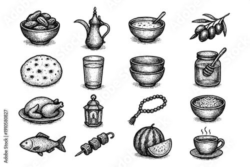 Ramadan Iftar Food Sketch Set - Hand-Drawn B&W Islamic Dining Vector Elements