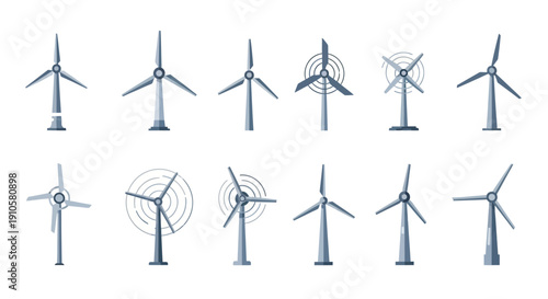 Various Wind Turbines for Renewable Energy on Isolated White Background