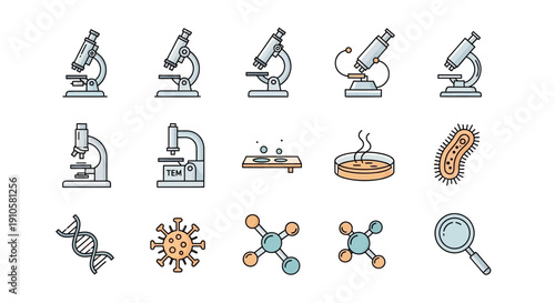 Collection of scientific research and laboratory experiment icons, featuring microscopes, DNA, molecules, and bacteria, isolated white background.