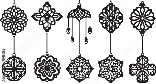 Intricate Black and White Mandala Designs Hanging Ornaments Set