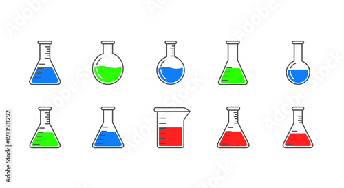 Set of colorful laboratory glass flasks and beakers with liquids in a scientific setting, isolated white background.