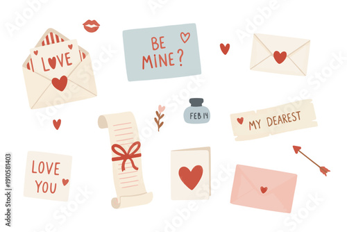 Valentine Element Set. Romantic Valentine Love Letters and Envelopes Flat Vector Illustration Set