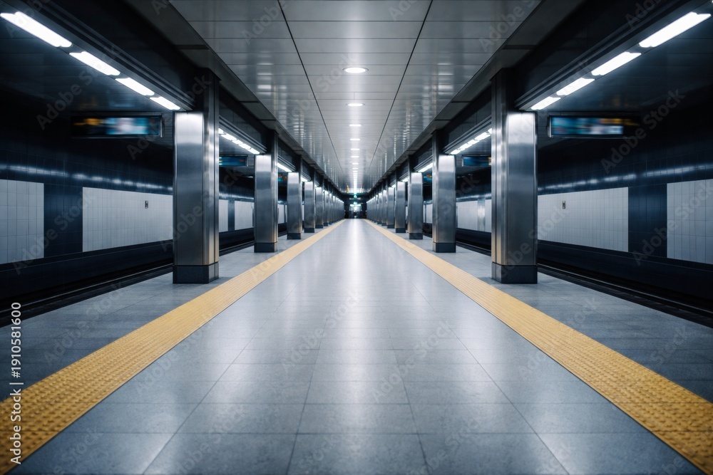 Fototapeta premium Modern empty subway station platform with yellow safety line and symmetrical architecture