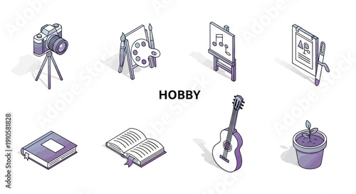 Isometric Hobby Icons Collection, Creative Pastimes and Leisure Activities Set on Isolated White Background
