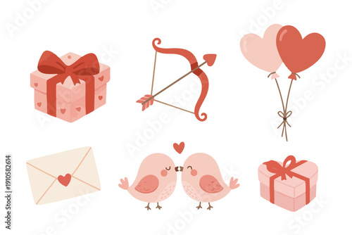 Valentine Element Set. Cupid Bow and Love Birds Flat Vector Illustration Set
