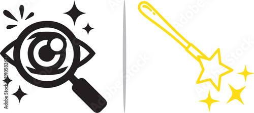 A dual-panel vector featuring a black magnifying glass focusing on a detailed eye with sparkles and a yellow magic wand with stars, symbolizing enchanted vision and mystical observation.