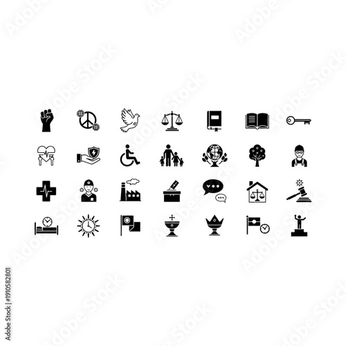 A collection of various social justice and human rights icons on a white background.