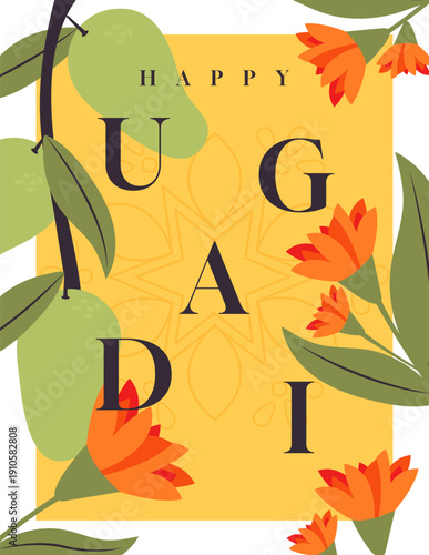 Happy Ugadi greeting card with mango branch, marigolds, rangoli on yellow background. Vector design