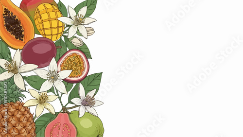 Lush tropical fruit border presents ripe papaya, mango, passion fruit. Colorful tropical fruit design showcases pineapple, guava, white blossoms. Perfect tropical fruit artwork for healthy eating,