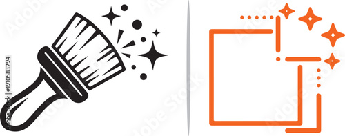 A black cleaning brush icon with sparkling dust alongside orange geometric square outlines and stars. This vector set represents digital cleaning, space optimization, and creative refinement.