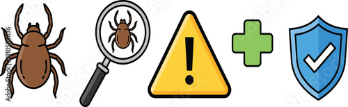 Hand Drawn Tick Inspection and Safety Protection Icons Set Isolated on White Background