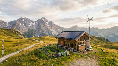 Sustainable mountain cabin with solar panels and wind turbine in alpine landscape