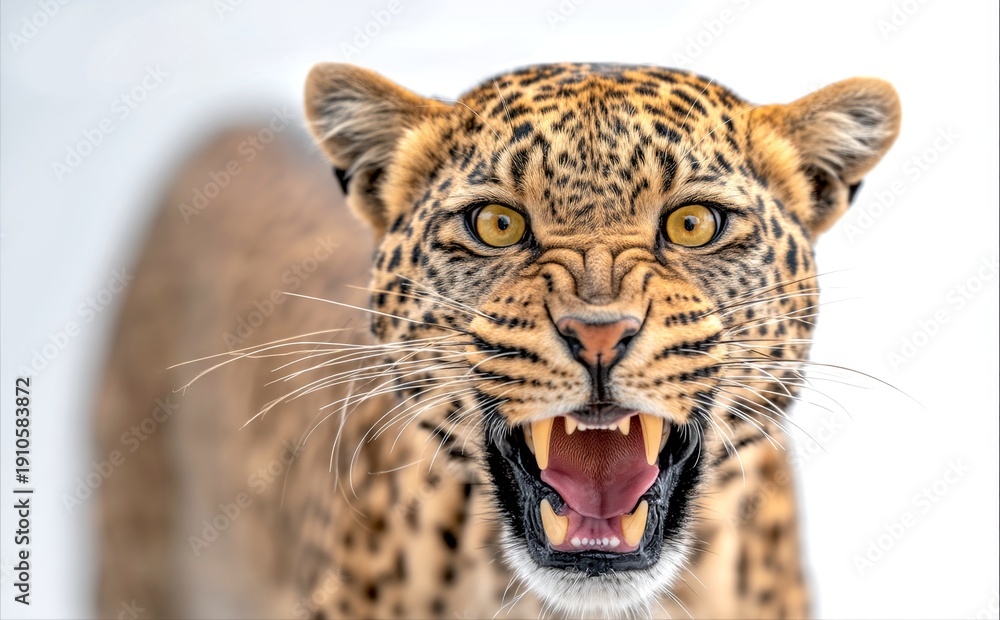 Fototapeta premium A stunning close-up of a roaring leopard showcasing its fierce expression and intricate spotted fur. This image captures the beauty and power of wildlife. 