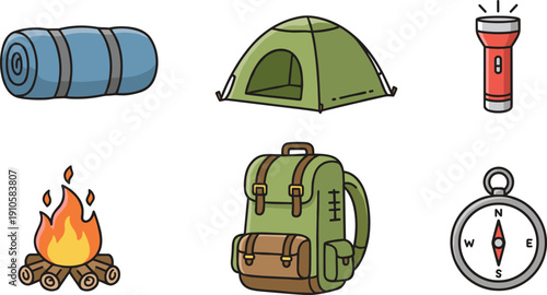 Outdoor Camping Gear Vector Illustration Set with Green Tent Backpack Sleeping Bag Compass Flashlight and Campfire Graphic