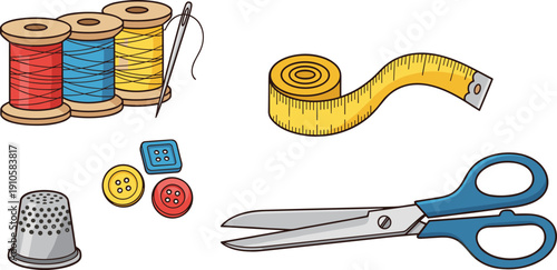 Sewing and Tailoring Tools Vector Illustration Set with Thread Spools Needle Measuring Tape Scissors and Thimble Icons
