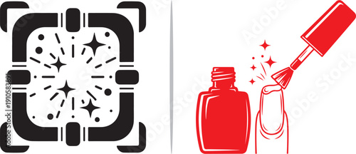 A black technical focus frame filled with sparkles alongside a red illustration of a nail being painted with a brush. Icons representing precision targeting and aesthetic refinement.