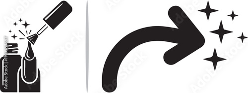 A black-and-white vector featuring a detailed nail polish application with sparkles on the left and a bold, curved arrow pointing right with stars, symbolizing aesthetic finish and progress.