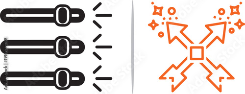 A dual-panel vector featuring black horizontal adjustment sliders and an orange four-way arrow icon emitting sparkles, representing multidimensional control and dynamic expansion.