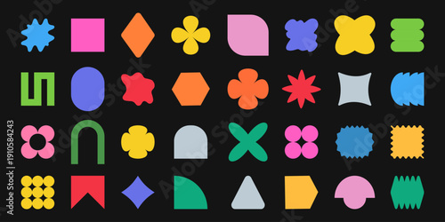 Abstract retro shapes and graphic elements create a bold Y2K-inspired design set with geometric forms, stars, and flowers in vibrant colors for modern posters and stickers.